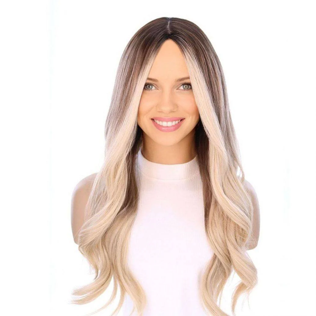 26" Ponytail Silk Top Wig Platinum Blonde w/ Reverse Balayage - Image 2