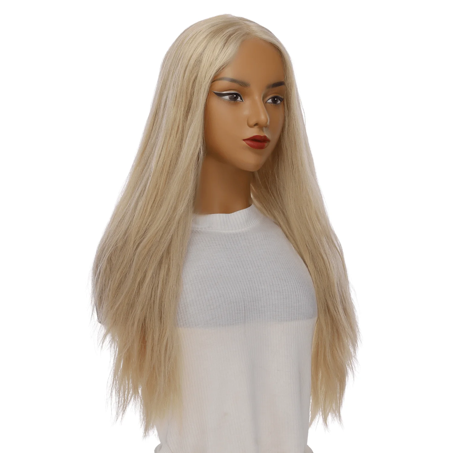 26" Ponytail Silk Top Wig Beige Blonde w/ No Rooting Wavy