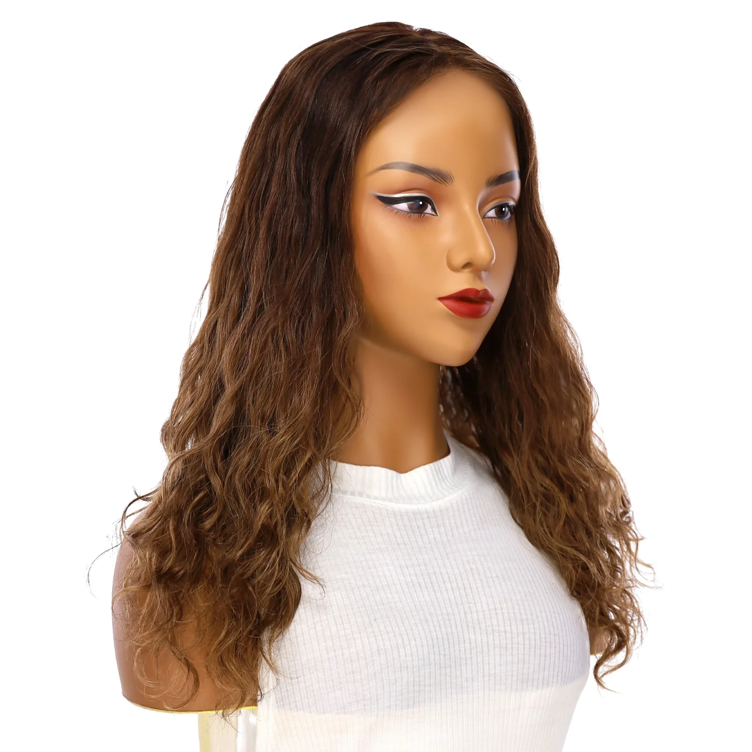 22" Ponytail Silk Part Wig Medium Brown Balayage Wavy